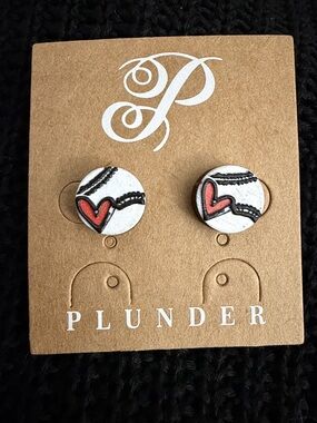 Plunder Baseball White & Pink Heart Love Round Stud Earrings